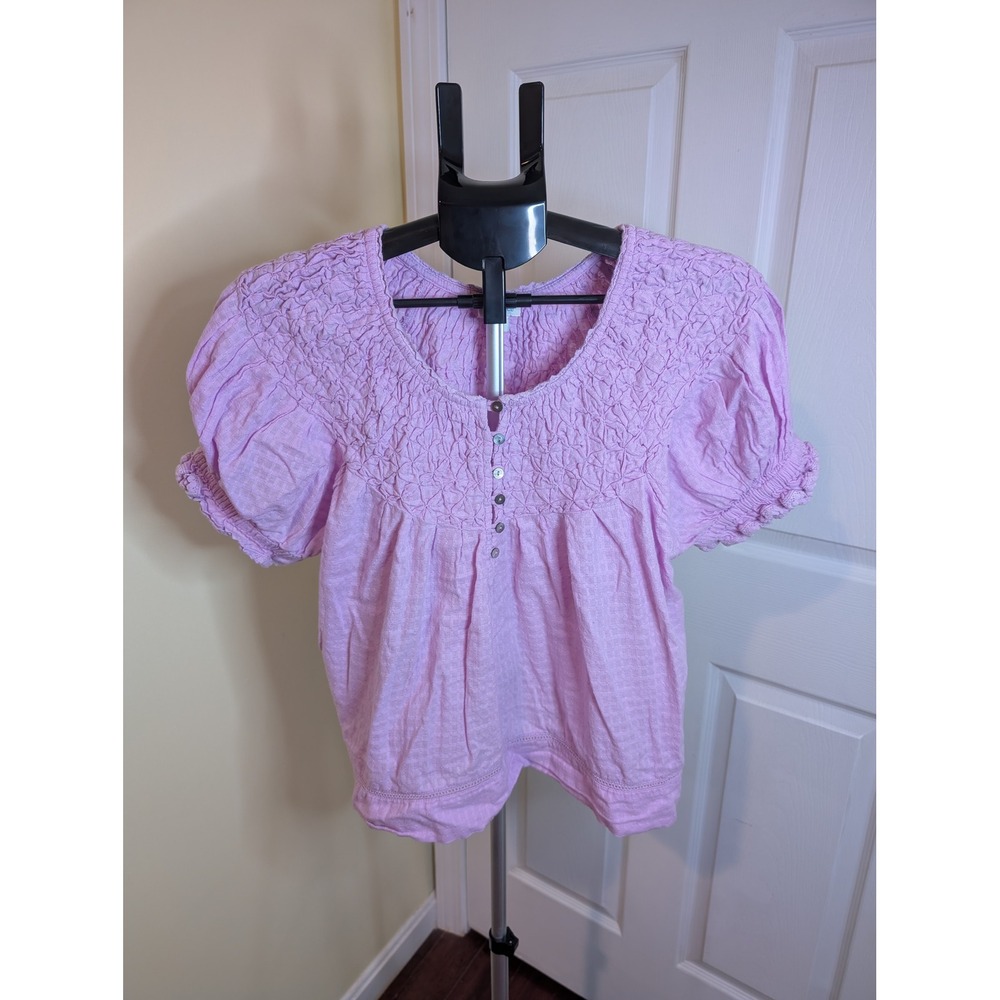 Sundance Lodi Henley Smocked Blouse Lavender Cotton Puff Sleeve Top - Size PXL